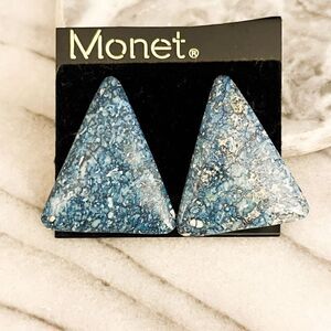 Vintage Monet Recycled Ceramic Triangle Earrings Blue Large Abstract‎ 1990s